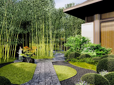 Japanese Style Courtyard Garden With Bamboo Grove Stone Path And Trimmed Hedges 3d model