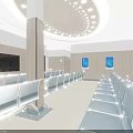 Modern Waiting Area Interior With Blue Seats Black TV Wall Posters And Ceiling Lights