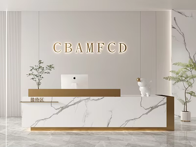 Modern Reception Desk With Golden Letter Logo Marble Countertop And Green Plants 3d model