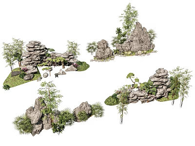 Natural Looking Rockery Stones With Green Plants And Small Trees In Garden 3d model
