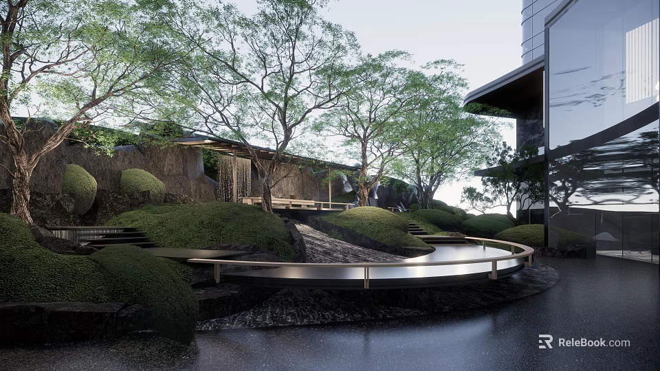 Modern Garden Landscape With Circular Water Feature Trees And Grassy Mounds 3d model 