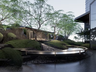 Modern Garden Landscape With Circular Water Feature Trees And Grassy Mounds 3d model