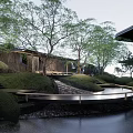 Modern Garden Landscape With Circular Water Feature Trees And Grassy Mounds