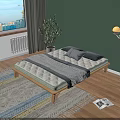 Comfortable Quilted Mattress On Wooden Frame With Grey Pillows Green Wall And Indoor Plant