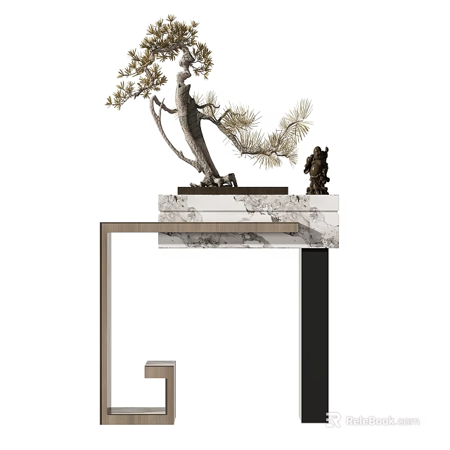 Decorative Pine Bonsai Tree And Small Figurine On Marble Stand With Intricate Patterns 3d model