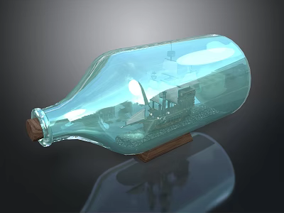 Transparent Glass Bottle With Miniature Water Vessel And City Model On Wooden Base 3d model