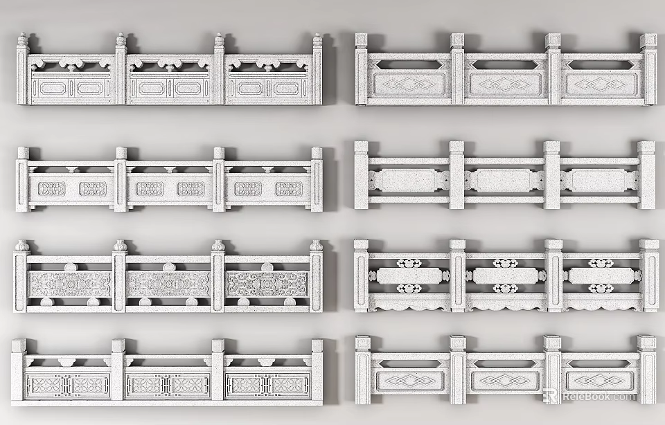 Traditional Chinese Style Stone Fences With Different Designs 3d model 