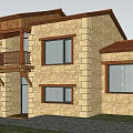 Detached House Beige Brick Exterior Brown Roof Balcony Railings Green Lawn Purple Shrubs Stone Path