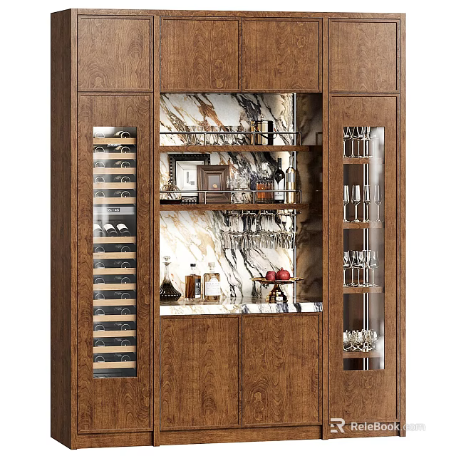 Modern Wooden Wine Cabinet With Glass Doors Wine Racks Glassware Holders And Decorative Items 3d model 