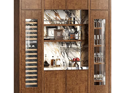Modern Wooden Wine Cabinet With Glass Doors Wine Racks Glassware Holders And Decorative Items 3d model