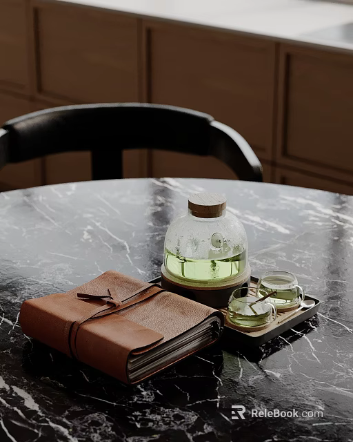 Decorative Ornament Set With Glass Water Bottle Cups Tray And Leather Notebook On Marble Table 3d model 