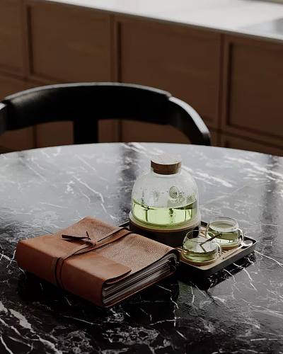 Decorative Ornament Set With Glass Water Bottle Cups Tray And Leather Notebook On Marble Table 3d model
