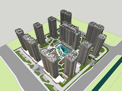 Modern High Rise Residential Complex Layout With Central Green Area And Pool 3d model