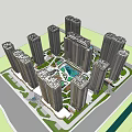 Modern High Rise Residential Complex Layout With Central Green Area And Pool 3d model