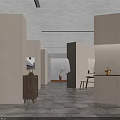 Modern Restaurant Interior With Gray Walls Wooden Cabinets Vase Warm Lighting And Tile Floor
