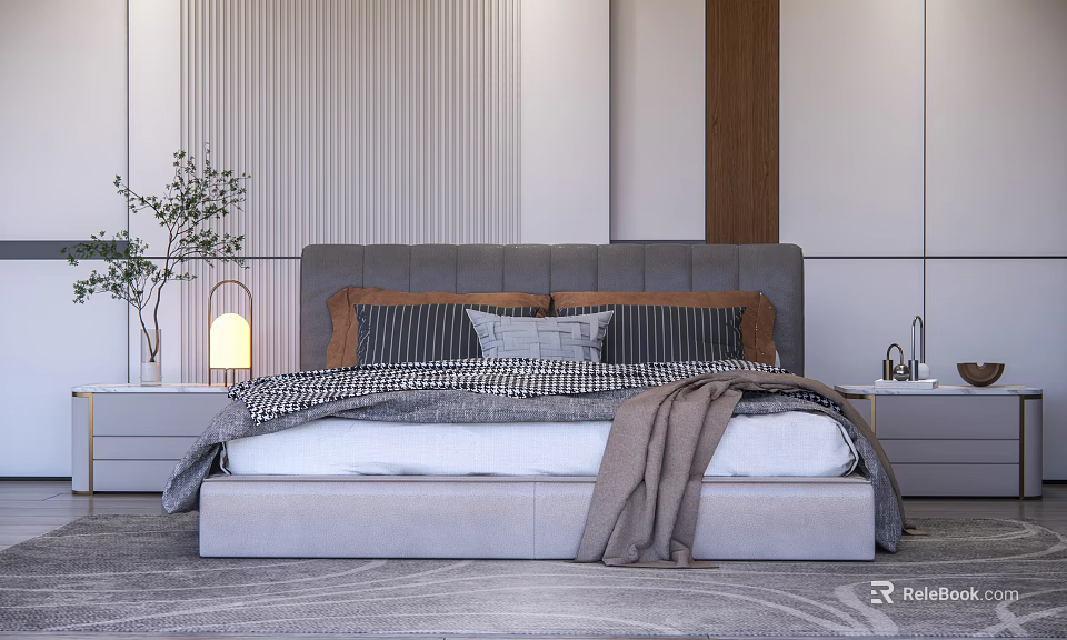 Modern Bedroom Double Bed With Grey Headboard Striped Pillows And Plaid Blanket 3d model 