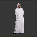 Middle Eastern Man In Traditional White Robe And Headscarf Standing On Gray Background