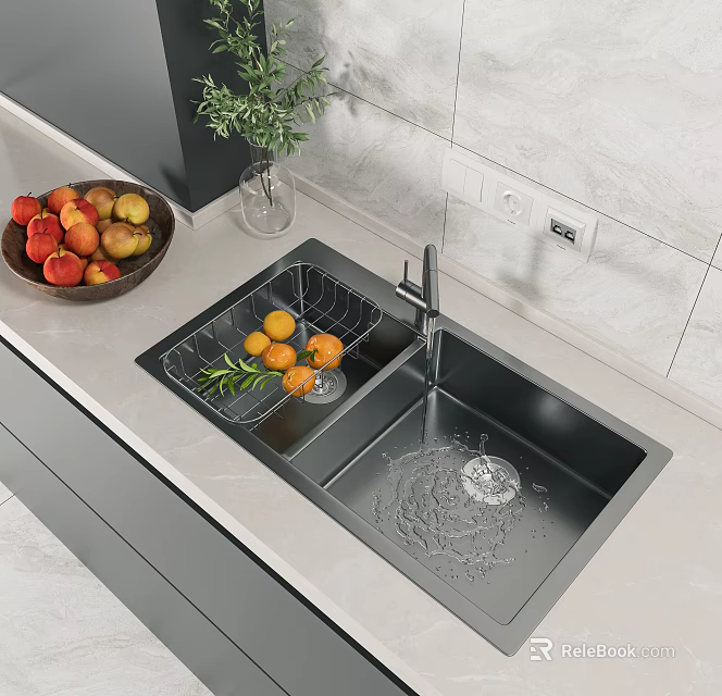 Stainless Steel Double Bowl Kitchen Sink With Faucet Drainer Rack And Fruits On Marble Countertop 3d model 