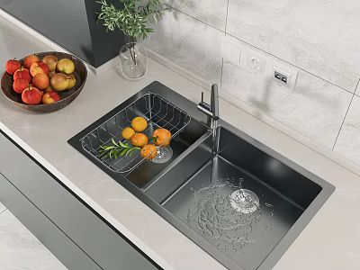 Stainless Steel Double Bowl Kitchen Sink With Faucet Drainer Rack And Fruits On Marble Countertop 3d model