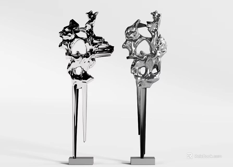 Two Silver Abstract Metal Sculptures With Intricate Carved Details And Square Bases 3d model 