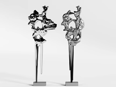 Two Silver Abstract Metal Sculptures With Intricate Carved Details And Square Bases 3d model