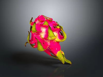 Vibrant Pink Dragon Fruit With Fresh Flesh And Green Leafy Tips On Dark Background 3d model