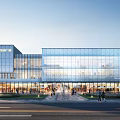 Modern Commercial Complex Featuring Glass Curtain Walls Waterfront View And Lush Greenery Outdoor Space