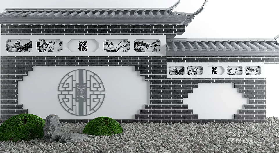 Traditional Chinese Scenic Wall With Brick Design Circular Lattice Fu Character And Green Shrubs 3d model 