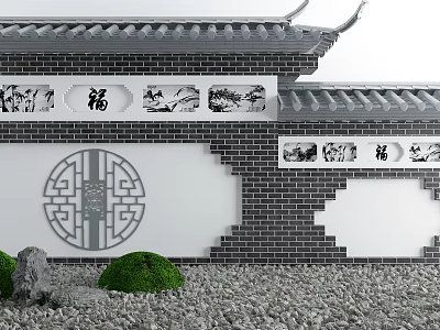 Traditional Chinese Scenic Wall With Brick Design Circular Lattice Fu Character And Green Shrubs 3d model