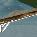 Modern Wooden Bridge With Wavy Railings Over River And Natural Landscape