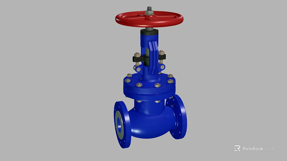 Industrial Pipeline Valve With Blue Body And Red Control Wheel 3d model 