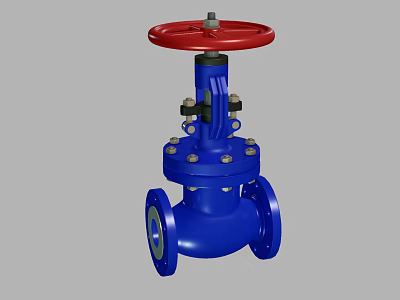 Industrial Pipeline Valve With Blue Body And Red Control Wheel 3d model