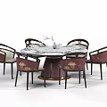 Modern Round Marble Top Dining Table Set With Patterned Wooden Chairs 3d model