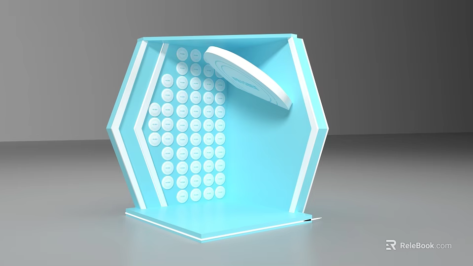 Blue Hexagonal Display Structure With Open Lid And Circular Icons 3d model 
