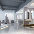 Modern Wedding Dress Shop Interior With Marble Counter Hanging Lights And Wedding Dresses