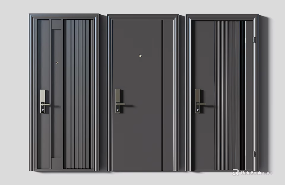 Modern Dark Gray Security Doors With Various Panel Designs And Secure Handles 3d model