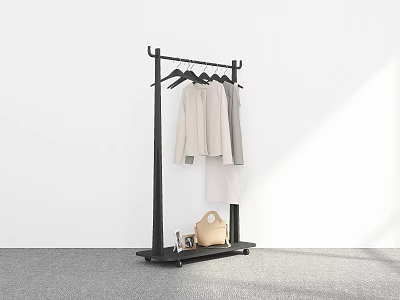 Modern Black Clothes Rack with Hanging Garments and Handbag in Minimalist Space 3d model