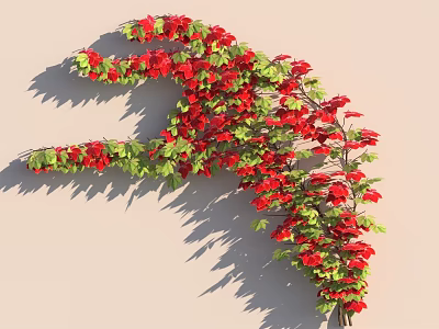 Vine With Vibrant Red Flowers And Green Leaves On Wall 3d model