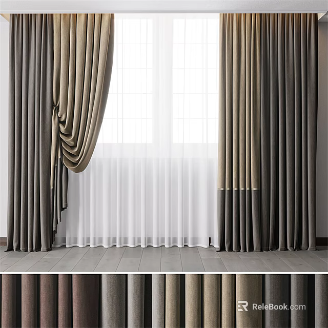 Elegant Layered Curtains With Sheer White Panels And Brown Textured Drapes 3d model 