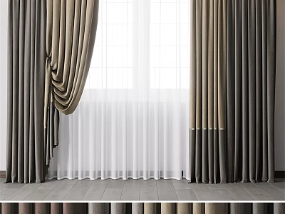 Elegant Layered Curtains With Sheer White Panels And Brown Textured Drapes 3d model