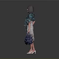 Woman Wearing Green Ruffled Top White Lace Skirt Holding Blue Floral Handbag on Grey Background