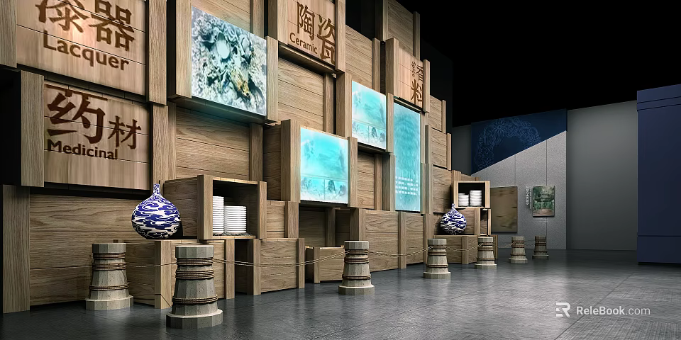 Ceramic Exhibition Hall Interior With Wooden Display Walls Digital Screens And Blue White Porcelain Vases 3d model 