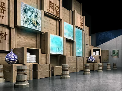Ceramic Exhibition Hall Interior With Wooden Display Walls Digital Screens And Blue White Porcelain Vases 3d model