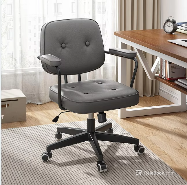 Gray Leather Office Chair With Armrests Button Tufted Adjustable Height Swivel Wheels For Home Workspace 3d model 