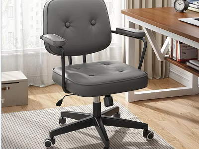 Gray Leather Office Chair With Armrests Button Tufted Adjustable Height Swivel Wheels For Home Workspace 3d model