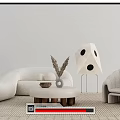 White Curved Sofa And Round Coffee Table Set With Armchair Decorative Items On Rug