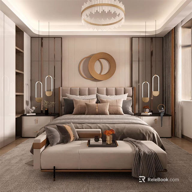 Modern Bedroom Interior With Round Wall Decor Hanging Lights And Soft Bedding 3d model