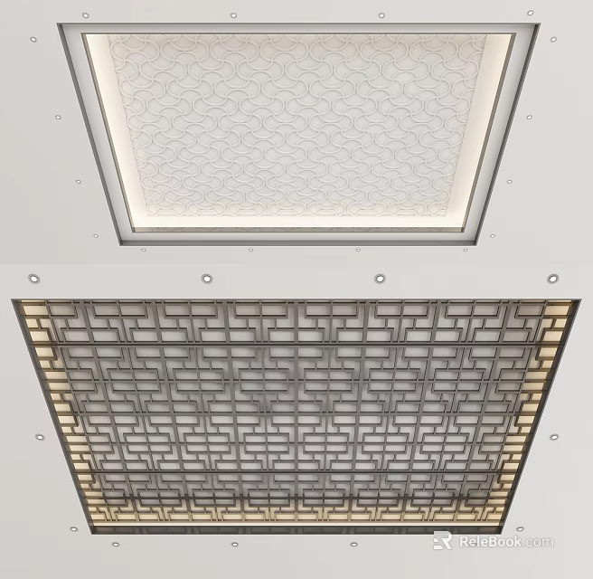 Modern Ceiling Design With Geometric Grid Pattern And Recessed Lighting Frames 3d model 
