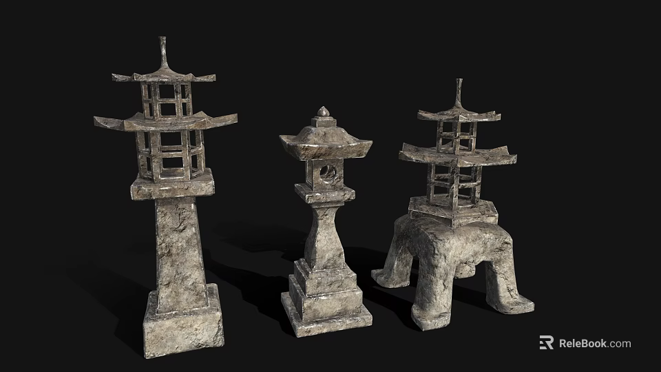 Traditional Stone Wood Decorative Lanterns With Carved Details And Three Classic Styles 3d model 