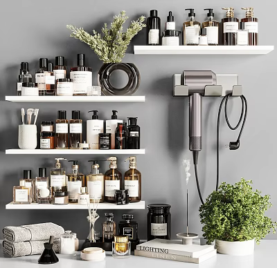 Stylish Bathroom Accessories Organized on Wall Shelves with Hair Dryer Holder and Toiletries Bottles 3d model